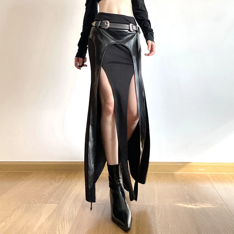 Goth Dark Grunge Punk Irregular Party Long Skirts Cyber Gothic Y2k Faux Pu Patchwork Midi Skirt Women Techwear Sexy Split Bottom