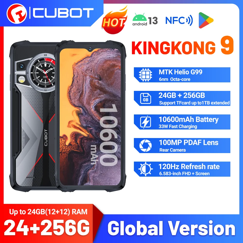 

Cubot KingKong 9 Rugged Smartphone ,24GB(12+12GB Extended)+ 256GB,100MP,10600mAh Rugged Phone Helio G99 120HZ 6.58" Cellphone