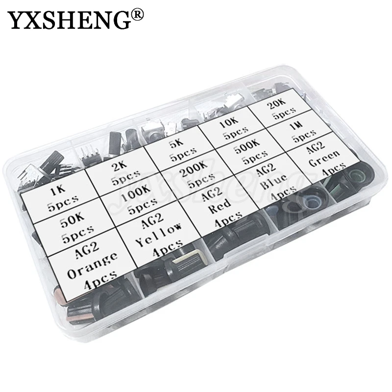 

70Pcs 10Value 3Pin RV09 Vertical Adjustable Seal Rotary Potentiometer Knob 1K 2K 5K 10K 20K 50K 100K 200K 500K 1M With Box Kits