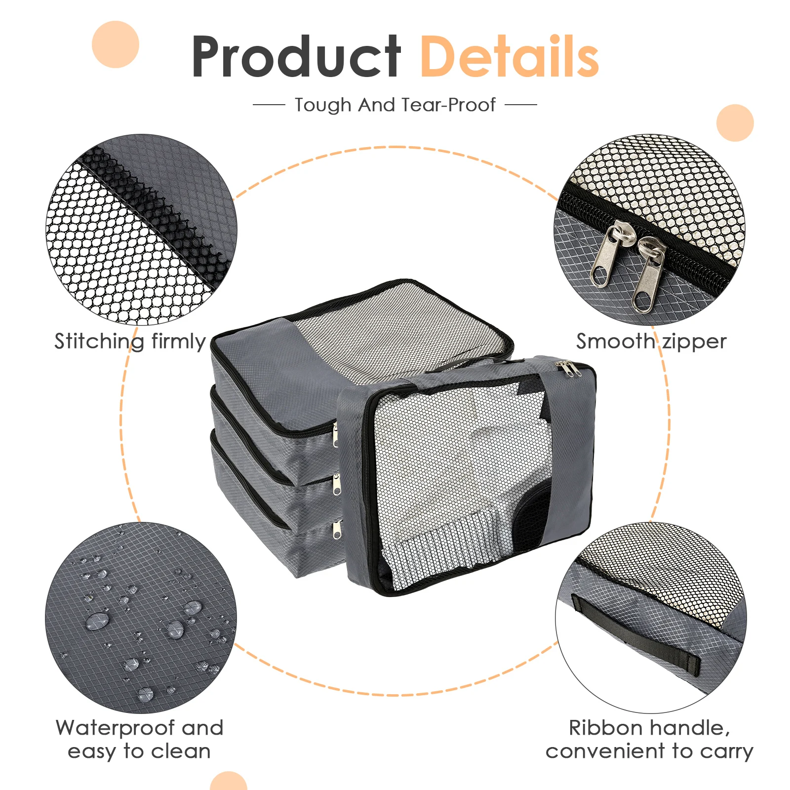 4 Pcs Packing Cube Mesh Top Travel Storage Bag Portable Travel Compressed Packing Cubes Storage Bag with Zipper for Suitcase