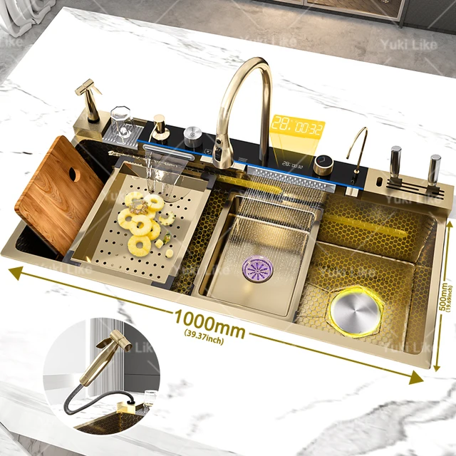 สแตนเลสสตีลน้ําตกอ่างล้างจานทองนูนขนาดใหญ่พิเศษ Single Slot ดิจิตอลจอแสดงผลอ่างล้างจาน 100x50 ซม. 1