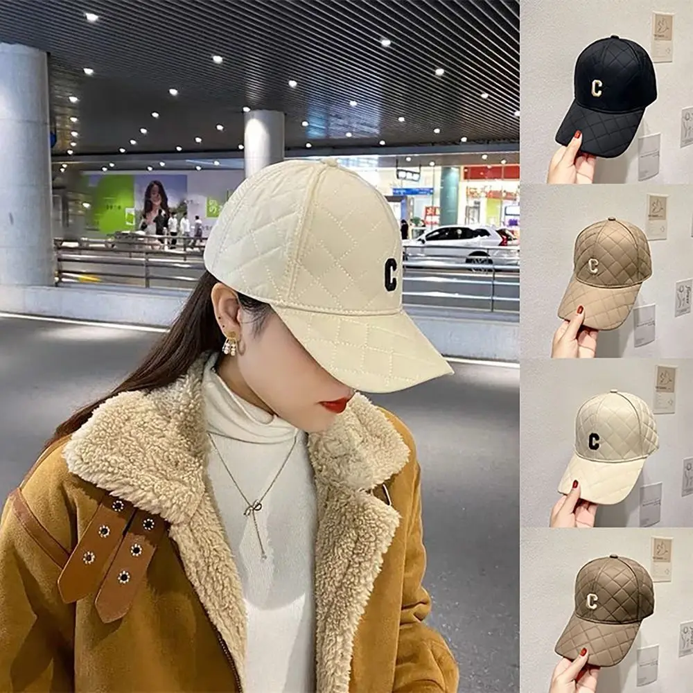 

C Embroidery Diamond Lattice Baseball Cap Winter Warm Ajustable Size Embroidery Letter Hats Down Cotton Snapback Hat