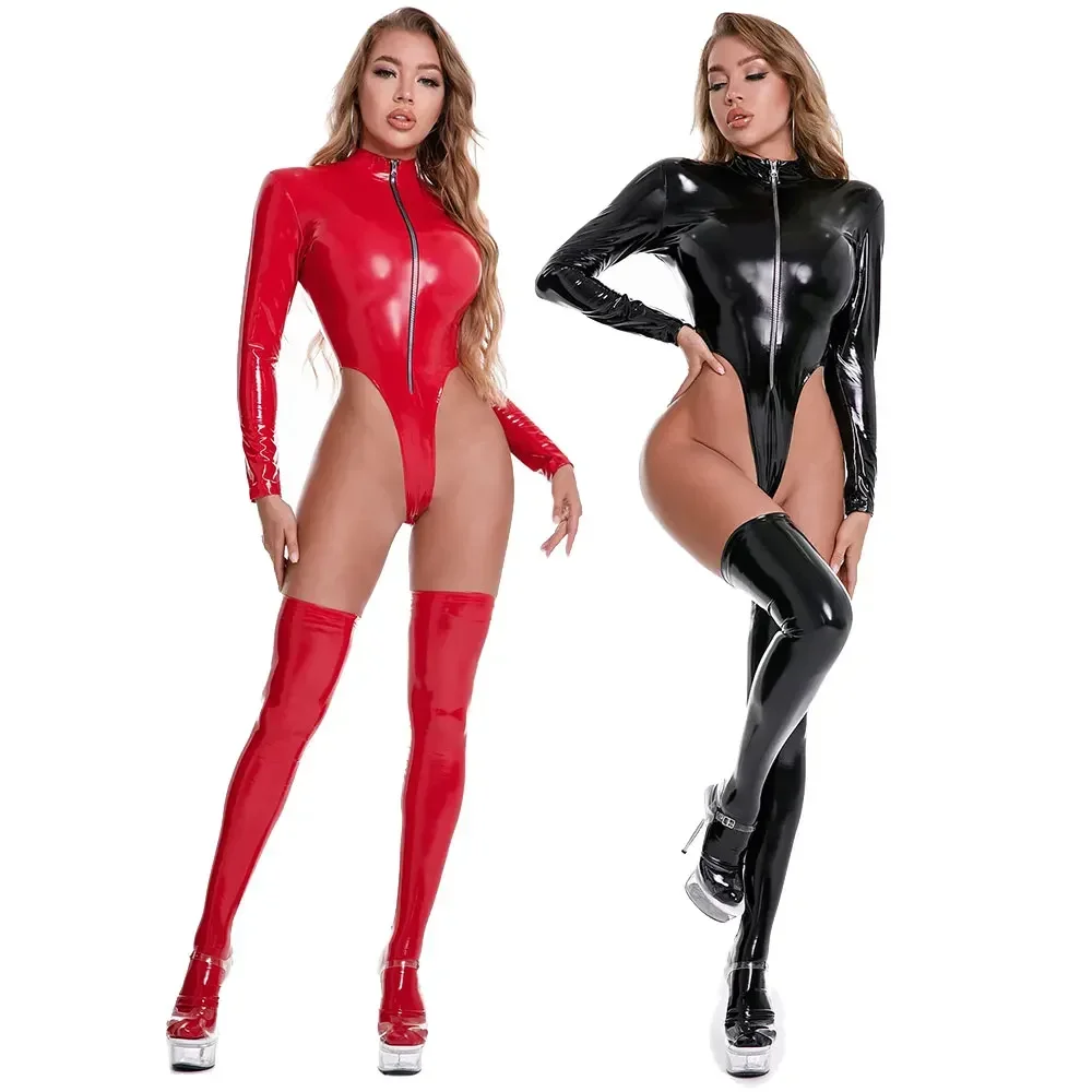 

Women Sexy Lingerie Glossy PU Leather Bodysuit with Socks PVC Latex Wetlook Fetish Bodysuit Exotic Zip Open Crotch Jumpsuit