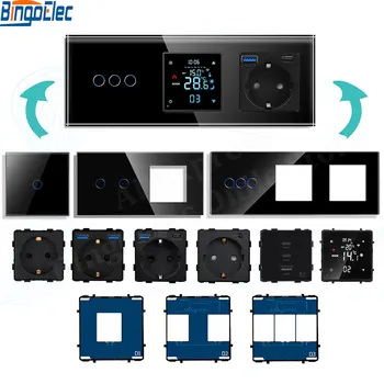 Bingoelec Wall Sensor Touch Light Switches Function Parts Glass Panel EU Wall Socket Thermostat USB C Plugs DIY Free Combination