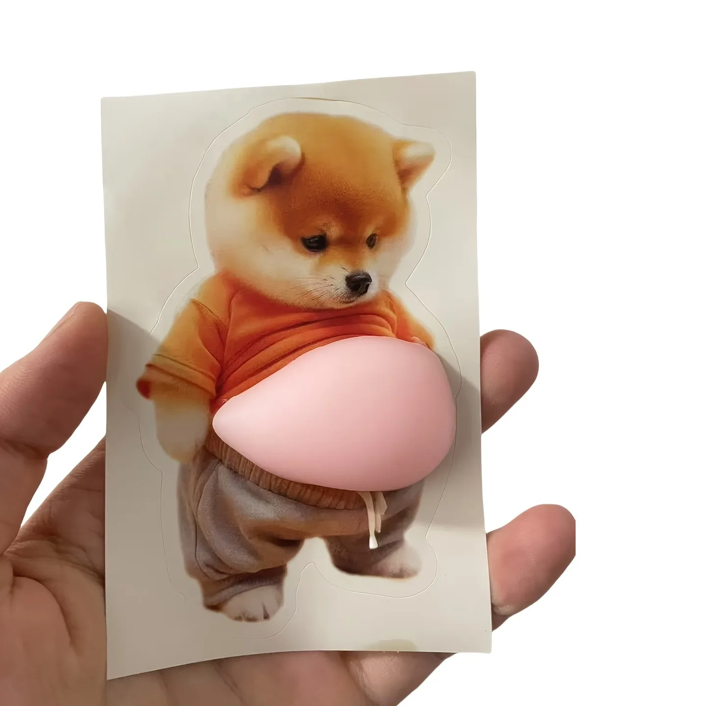 3D Shiba Inu Dog Belly Sticker-Cute puppy wearing orange outfit with soft pink background silicone self-adhesive