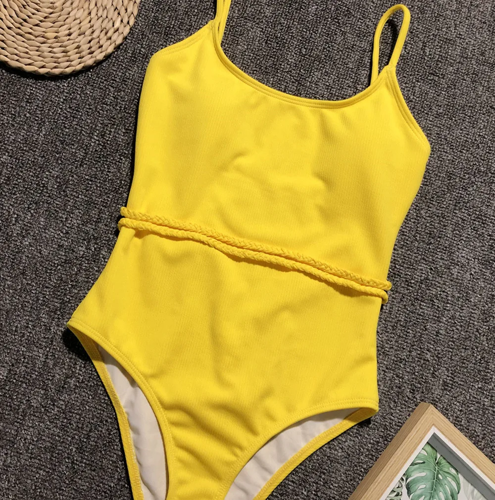 High Quality Swimsuits Solid Color Bandage Swimwear Women High Waist Brazilian Swimming Suit One Piece Monokini Summer Beachwear cute bikini sets