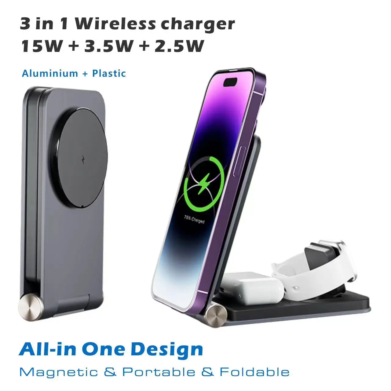 

Магнитное Беспроводное зарядное устройство 3 в 1, алюминиевая складная подставка 15 Вт, беспроводная быстрая зарядная станция для iPhone 15 Pro 12/13/14/iWatch/