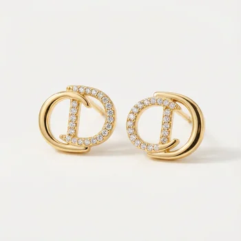 Minimalist Double D Rhinestone Earrings - Gold Plated Letter Stud Jewelry for Women Luxury Versatile Daily Accessories 1