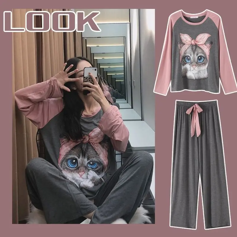 Pajama Sets for Women women pajamas set women pajama suit cotton pajamas set Cartoon Printed Long Sleeve O-neck Korean Style Comfortable Elegant Leisure Sleepwear Soft Sweet Women Set