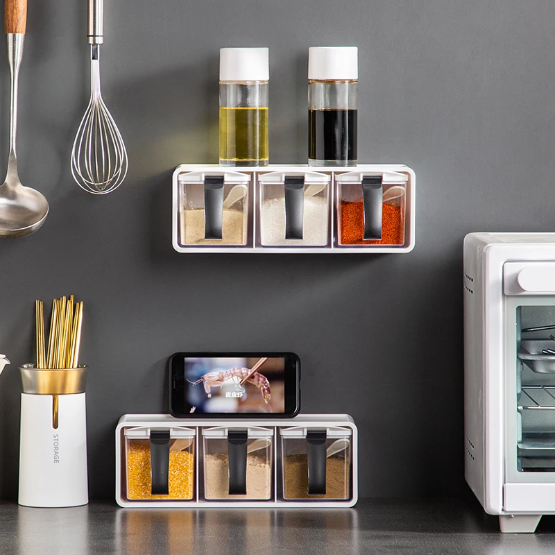 Spice Jars Set Three Compartment 390ml Wall Holding With Spoon Seasoning Jar Storage Containers Salt Sugar Pepper Spices Box