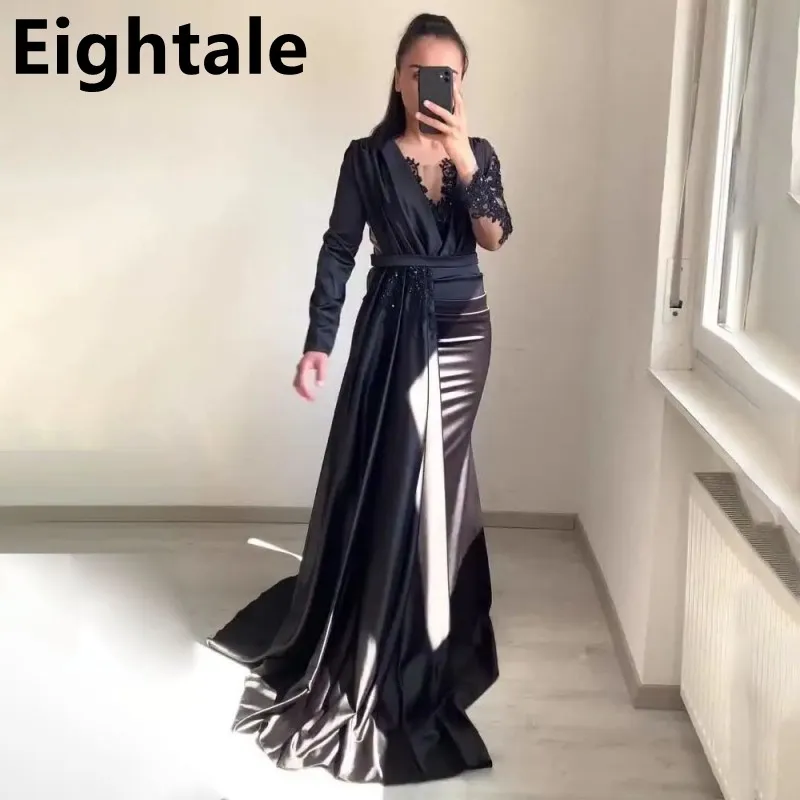 

Black Mermaid Formal Evening Dresses Long Sleeves Evening Gowns Beading Elegant Prom Dresses Turkish Couture Robe De Soiree