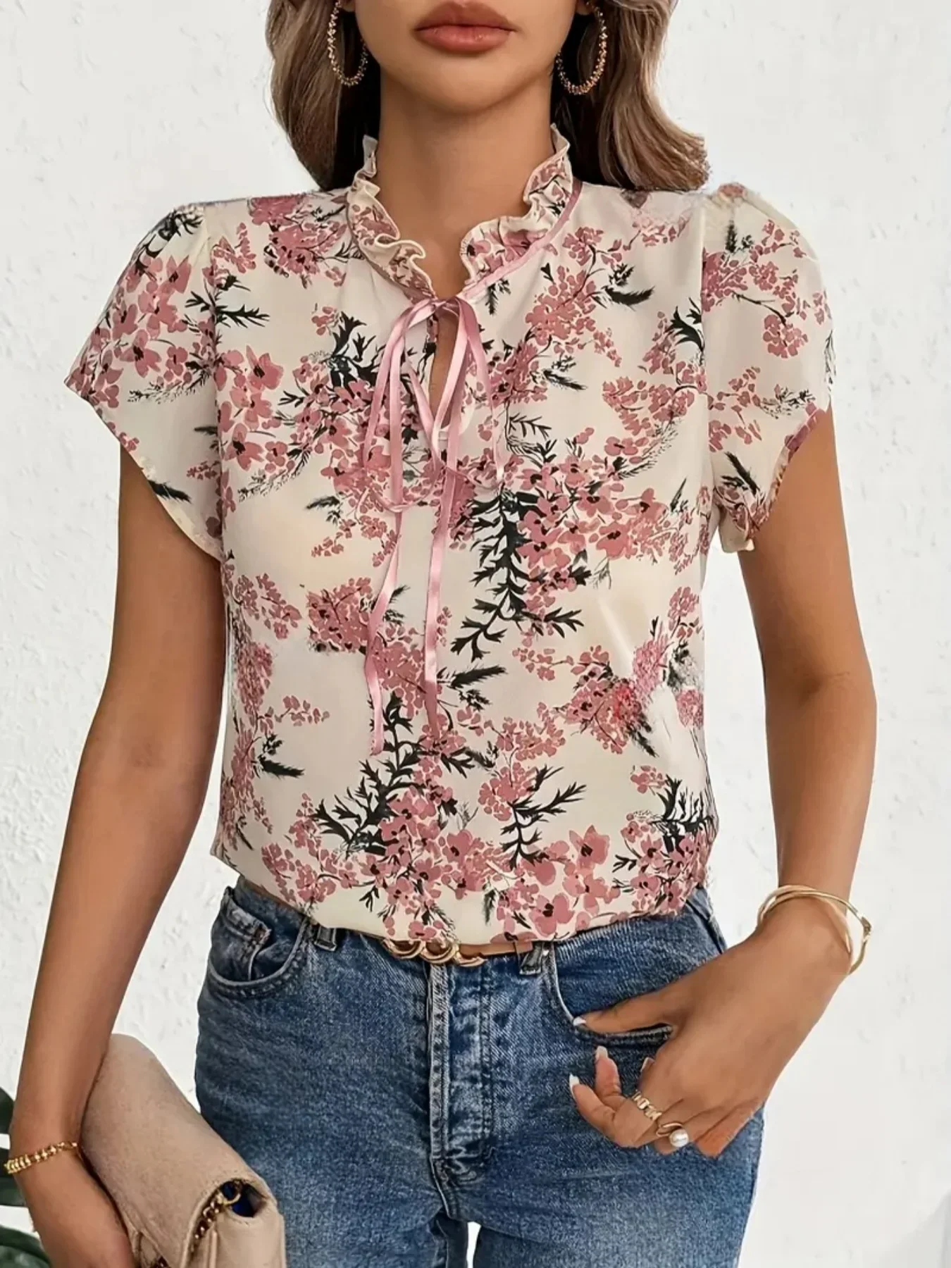 Plus Size Womens Shirt 2025 Spring Summer New Fashion High Neck Floral Print Short Sleeve T-Shirt Blouse 6