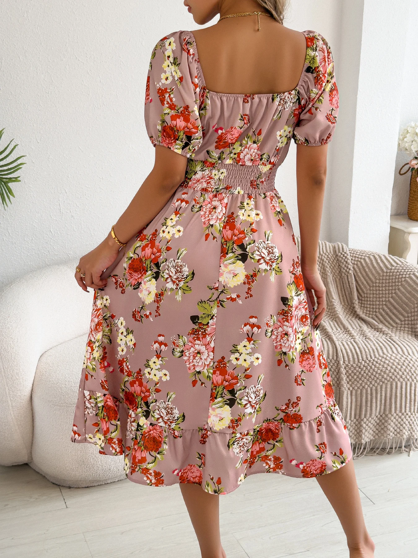 Floral Ruffled Short Sleeve Dress for Women