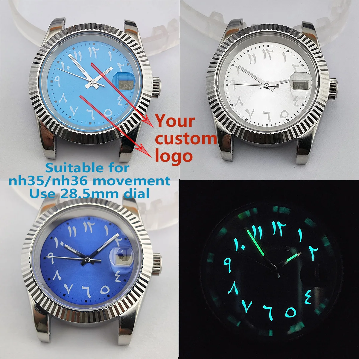 

Arab dial 39mm case nh35 Case 28.5MM Dial Stainless Steel Electroplated Polished dial For NH36 case NH35 Movement Custom logo 01