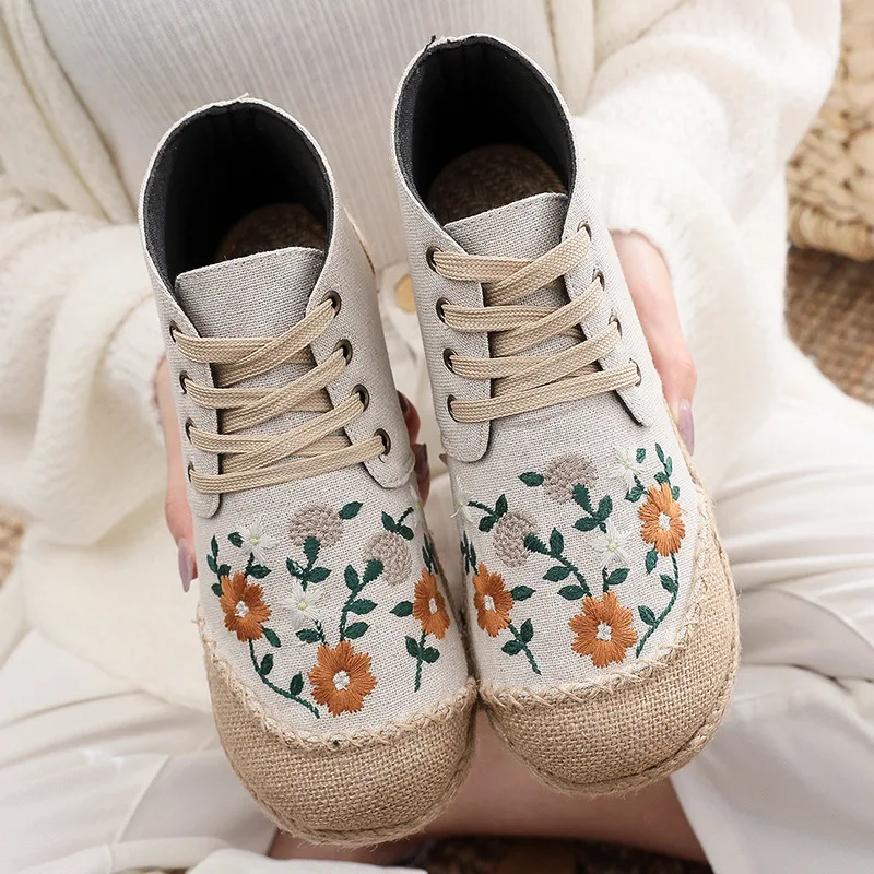 Women Handmade Vintage Embroidered Flats Booties Shoes High Top Lace Up Canvas Sneakers Female Linen Casual Leisure Espadrilles