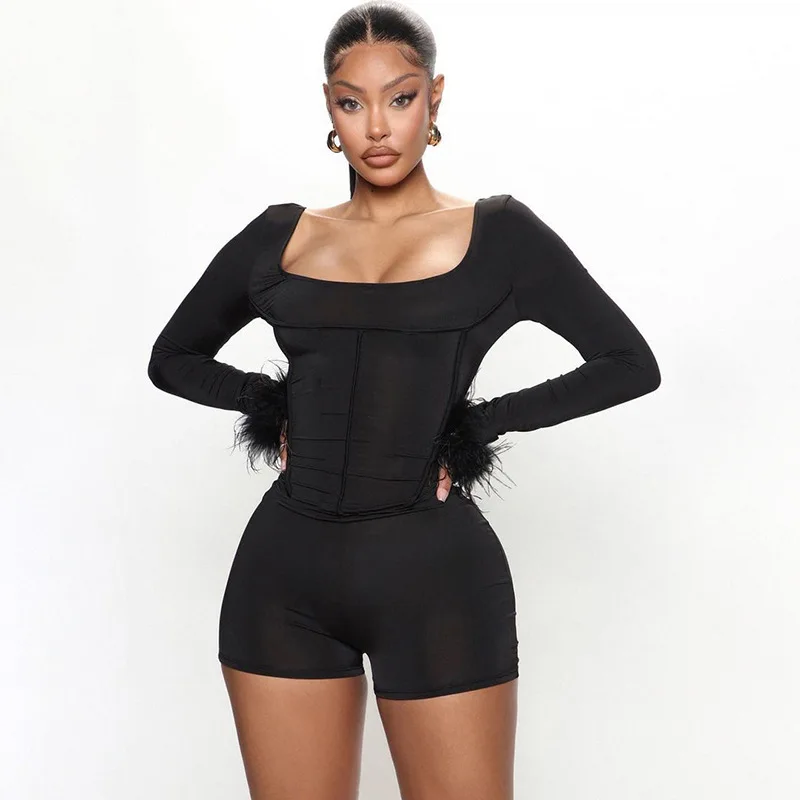 

Autumn Fashion Women Jumpsuit Black Feather Stitching Tight High Waist Slim Square Neck Open Back Long Sleeve One Piece Shorts
