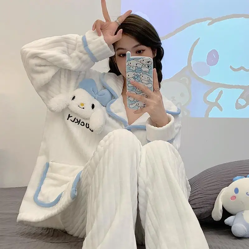 

Sanrio Cartoon Coral Velvet Pajama Cinnamoroll Hello Kittyi Comfortable Thickened Plush Kawaii Loungewear Christmas Girls Gift