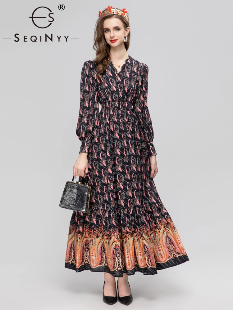 

SEQINYY Elegant Long Dress Spring Autumn New Fashion Design Women Runway High Street Vintage Flower Print V-Neck Lace Casual