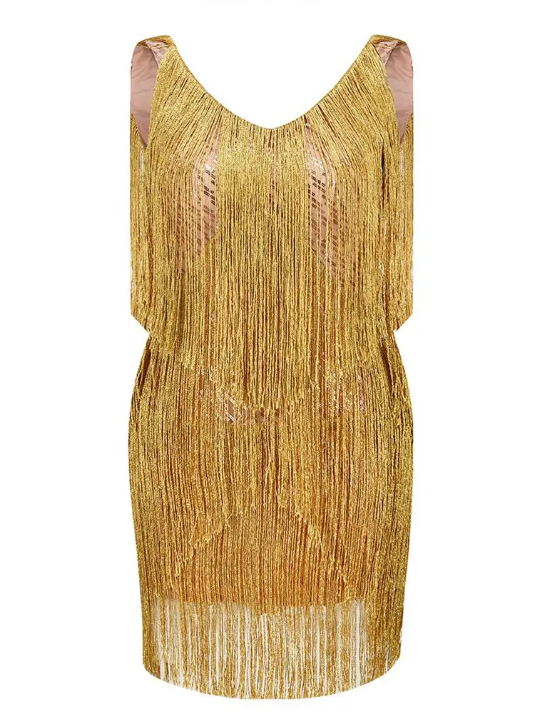 BEVENCCEL Sexy New In Tassel Gold Fringe Summer V Neck Sleeveless Luxury  Mini Dress for Women Elegant Celebrity Party Dresses - AliExpress 200000345