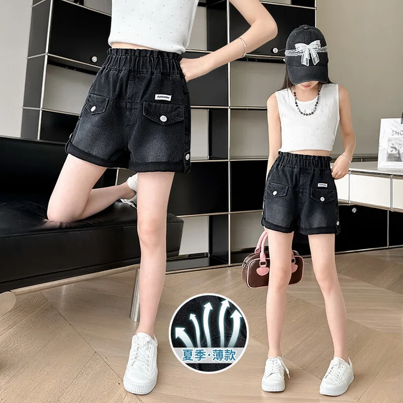 New Children Black Denim Shorts with Fake Pocket for Girls Summer Mini Jeans Kids Teenager Causal Rolled Shorts Age 5-14 Year