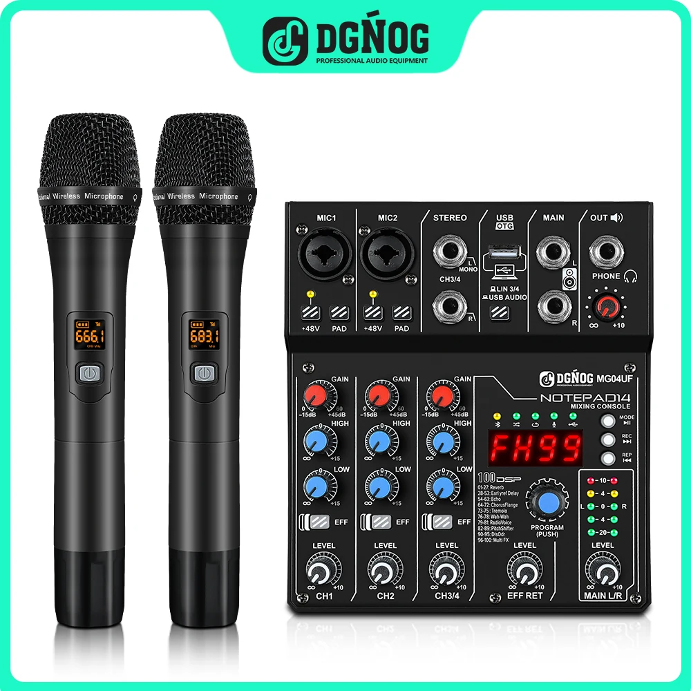 

DGNOG Audio Mixer 4 Channels with UHF Wireless Microphone Dual Handheld DJ Console 99DSP PC Recording USB/Bluetooth Function
