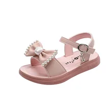 

Children's Shoes Korean Version Girls' Leather Purple 2022 Summer New Soft-soled Kids Casual Fashion Bow Flat Open Toe Sandals