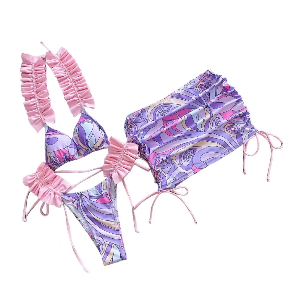 

Купальник-тройка, стильный женский комплект бикини с оборками и шнуровкой, привлекательная пляжная одежда для лета