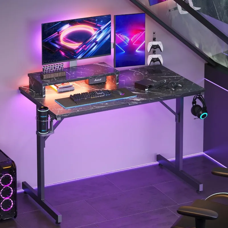 Small Gaming Desk with Monitor Stand, 42 inch LED Computer Desk, Gamer Workstation with Cup Holder & Headset Hooks