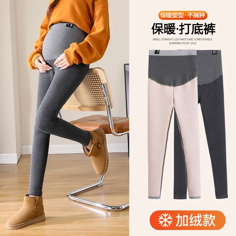 Autumn Winter Thick Plus Velvet Fleece Cotton Legging Maternity High Waist Support Pencil Pants for Pregnant Women Y2K Pregnancy