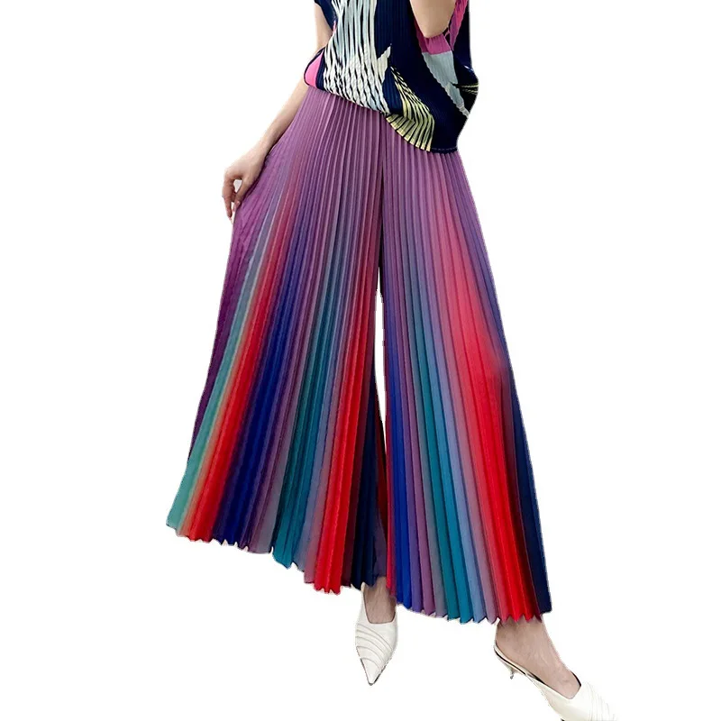 Women\'s Spring/Summer New Gradient Pleated Loose and Versatile Wide Leg Flare Pants Fashion Autumn Street Style Rainbow Pants