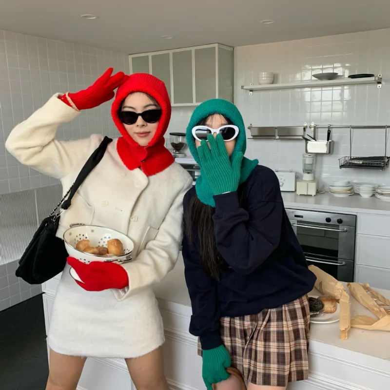 

Y2K Women Knitted Balaclava Cap Winter Outdoor Unisex Men Warm Ear Protection Scarf Wool Pullover Snood Hat Collar Bonnet