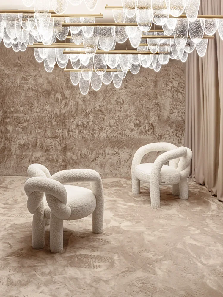 

Italian Minimalist Designer Leisure Chair Shaped Lambswool Fabric Couch Bedroom Cream Style