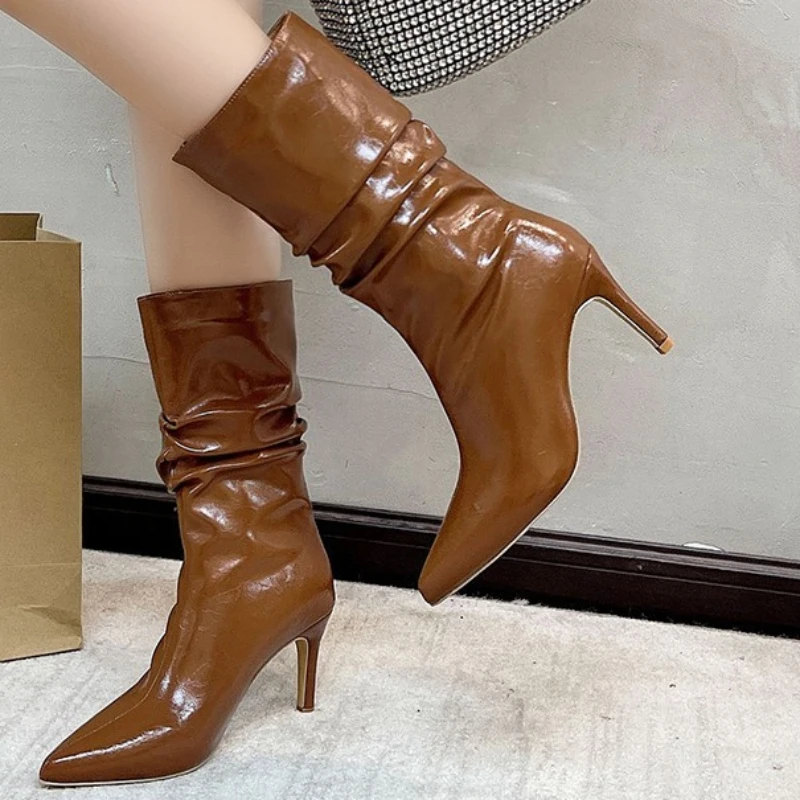 

Женские сапоги без застежек, однотонные плиссированные сапоги до середины икры, с острым носком, на высоком каблуке, зимняя обувь, 2023