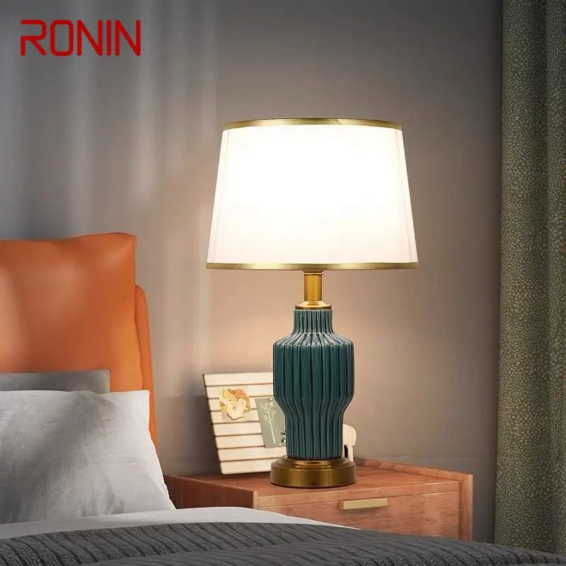 

RONIN Modern Blue Ceramics Table Lamp LED Vintage Simple Creative Bedside Desk Light for Home Living Room Bedroom Study