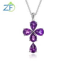 GZ ZONGFA Genuine 925 Sterling Silver Necklace For Women 5ct Natural Amethyst Garnet Five Gemstone Cross Pendant Fine Jewelry