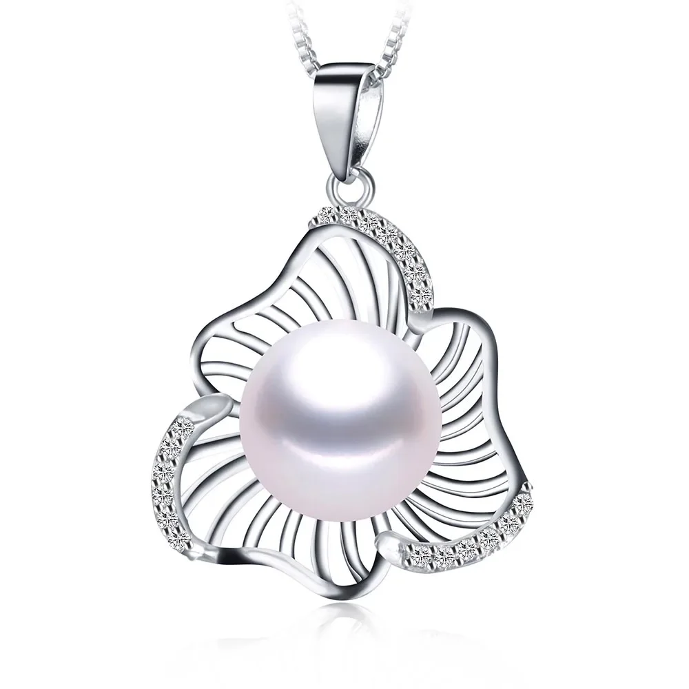925 Sterling Silver Lotus Leaf Pendant Necklaces for Women 8-9mm Bread Round Natural Freshwater Pearl Necklaces Jewelry Gift