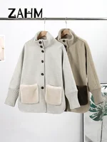 Casual Knitted Faux Fur Patchwork Coat Women Turtleneck Single Breasted Pocket Coats Female 2025 Winter Lady Knitwear New 1