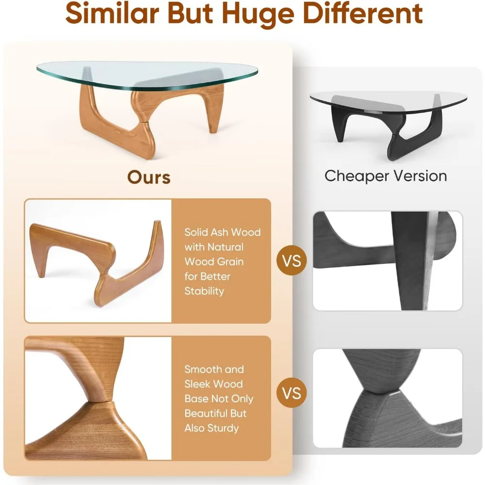 Triangle Glass Coffee Table Modern Noguchi Coffee Table, Vintage Glass, and Wood End Table, Solid Wood Base and Clear Glass Top 6