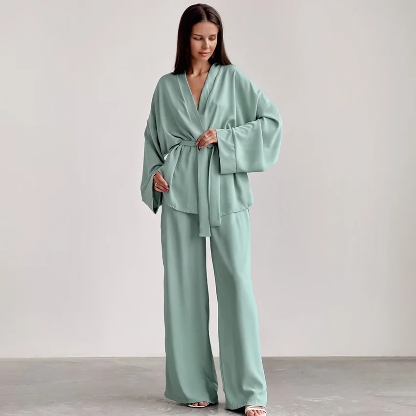 

Women Pajamas Fashion Chiffon Long-sleeved Nightgown and Loose Trousers Two-piece French Style Lady's Loungewear Homewear