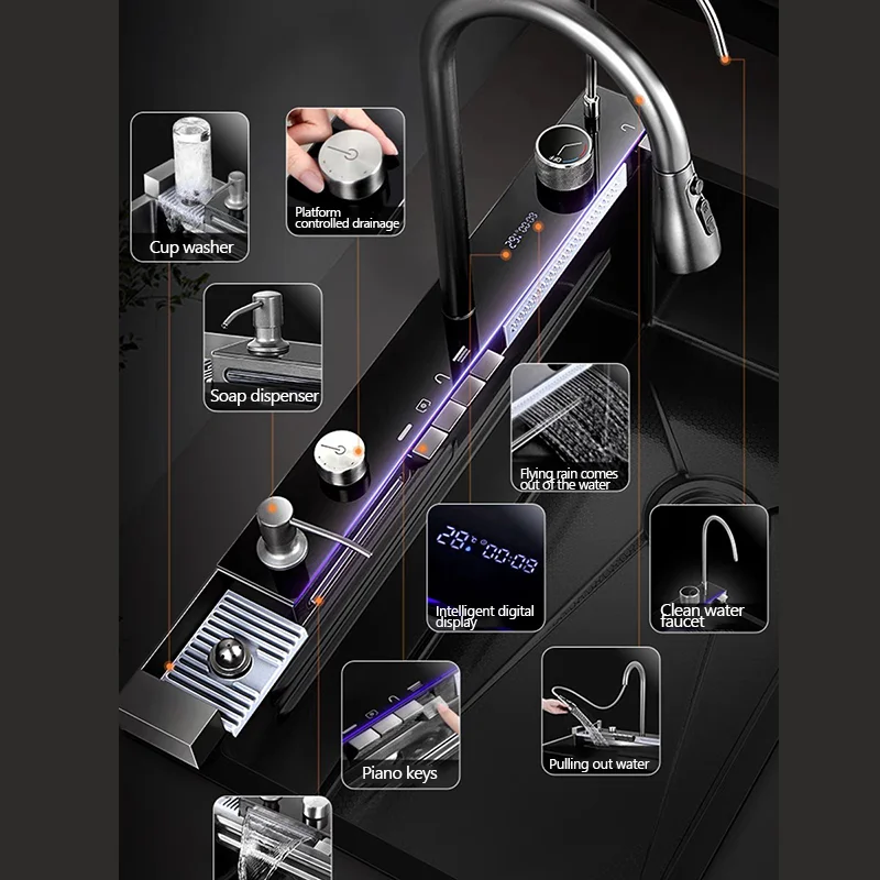 304 Sink Key Digital Display Waterfall Rain Sink Stainless Steel Large Single Trough Hand Basin Washing Dishes Under The Basin
