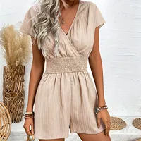 Women V Neck Rompers 2024 Summer Shorts Jumpsuits Short Sleeved Playsuits With Pockets Casual Solid Loose Beach Overalls - Image 4