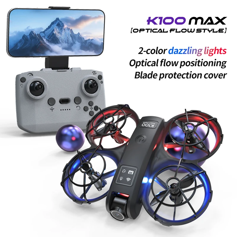 Drone K100 Max avec Double Caméra 8K en vol stationnaire, stabilisé par le positionnement à flux optique au-dessus d'un parc.