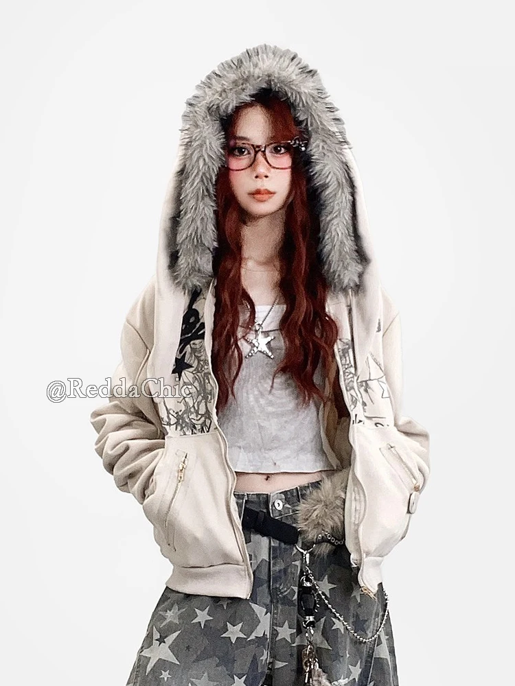 REDDACHiC Aesthetic Zip Up Graphic Hoodies Jacket Bunny Ear Fuzzy Hooded Fleece Lined Oversized Top Harajuku Y2k Women Clothes