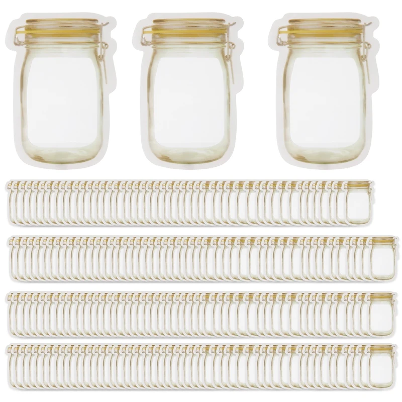 

200 Pcs Reusable Mason Jar Zipper Bags Snack Food Storage Bag Seal Bags Candy Nuts Cookies Kitchen Organizer