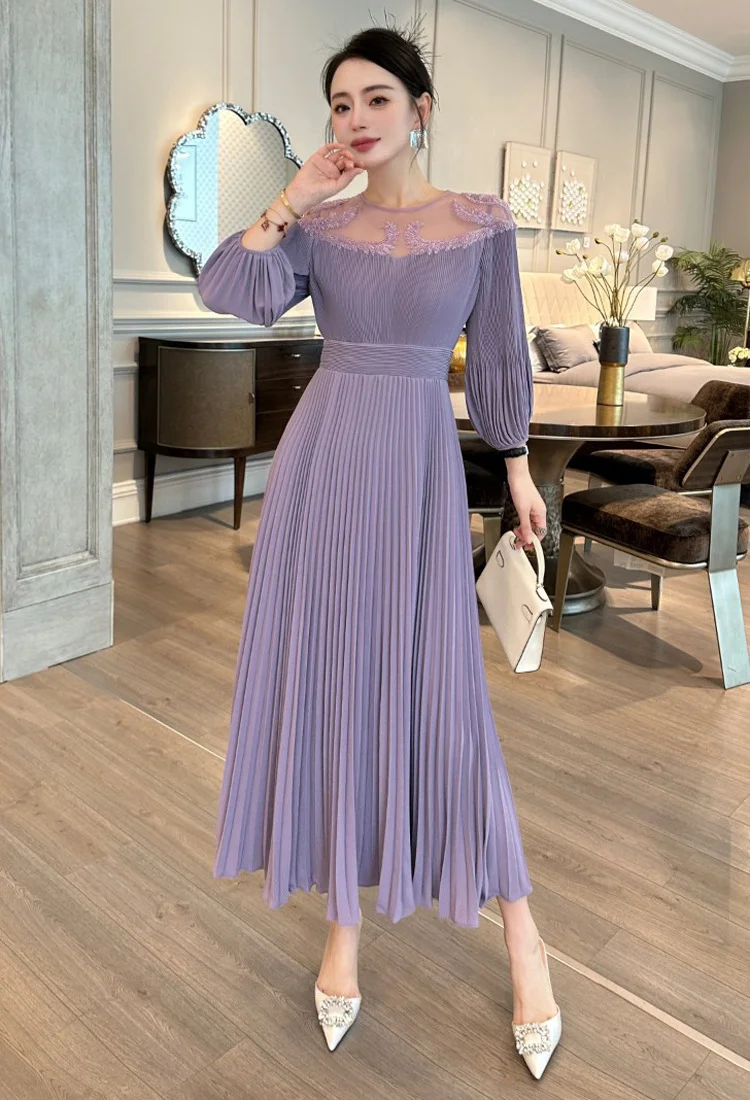 

Fashion Vintage 2024 New In Dress Women Lantern sleeve Elegant Applique Beading Slim Pleats Party Long Dress