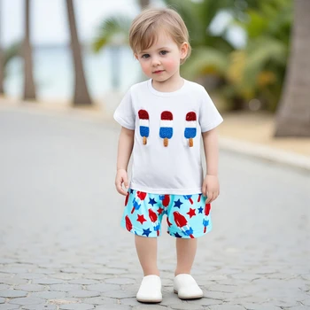 Toddler Boy 4th of July Clothing Set Short Sleeve American Flag Print T Shirt Denim Shorts Independence Day Outfit for Kids 5