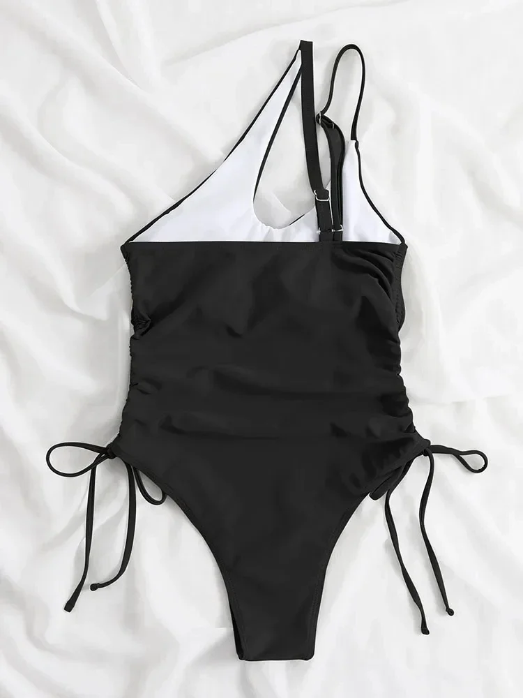 One Shoulder Bikini Textured Swimwear High Cut Swimsuit Solid Bathing Suit Women Brazilian Fashion