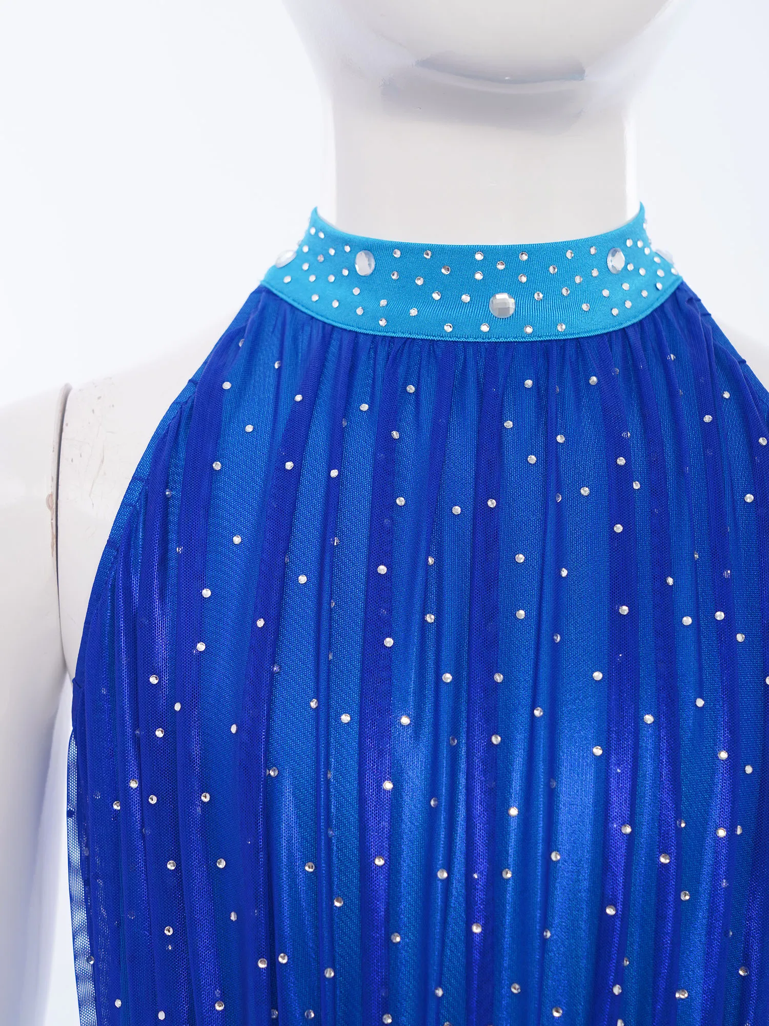 Eiskunstlauf-Kleid für Teenager-Mädchen, lyrisches Tanz-Gymnastikkleid, ärmellos, glänzende Strasssteine, durchsichtiges Netz, Chiffon-Saum, Trikot-Kleider – Detail 11