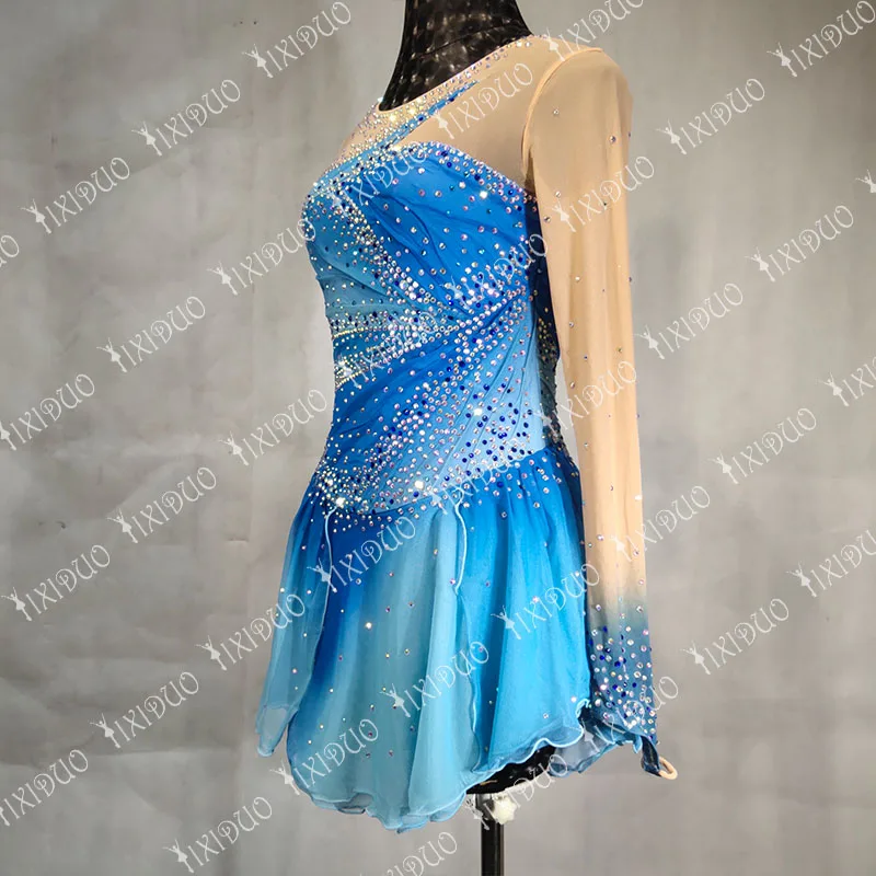 Abito Da Pattinaggio Di Figura Donne E Ragazze – Blu, Taglia S, In Spandex Con Stampa Diamanti, Performance Wear
