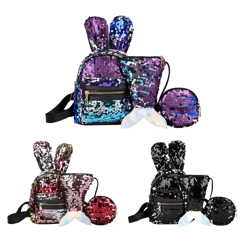 3pcs/set Glitter Backpack Kids Girls Boys Rabbit Ears Sequin Backpacks